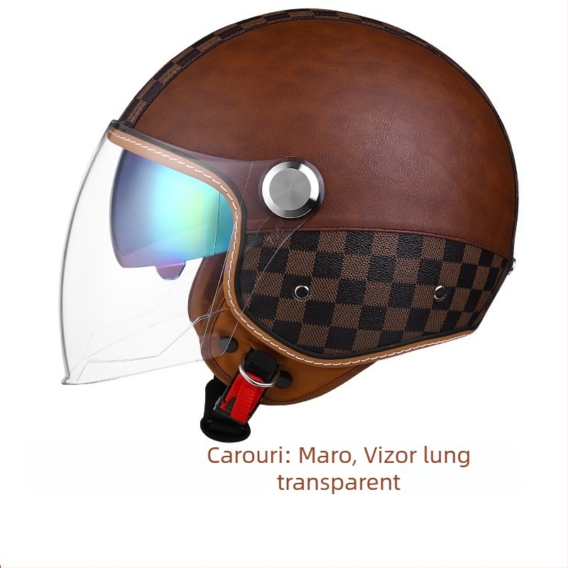 Cască moto retro din piele, certificat 3C, Bluetooth, unisex, semicască cu vizor dublu, ABS
