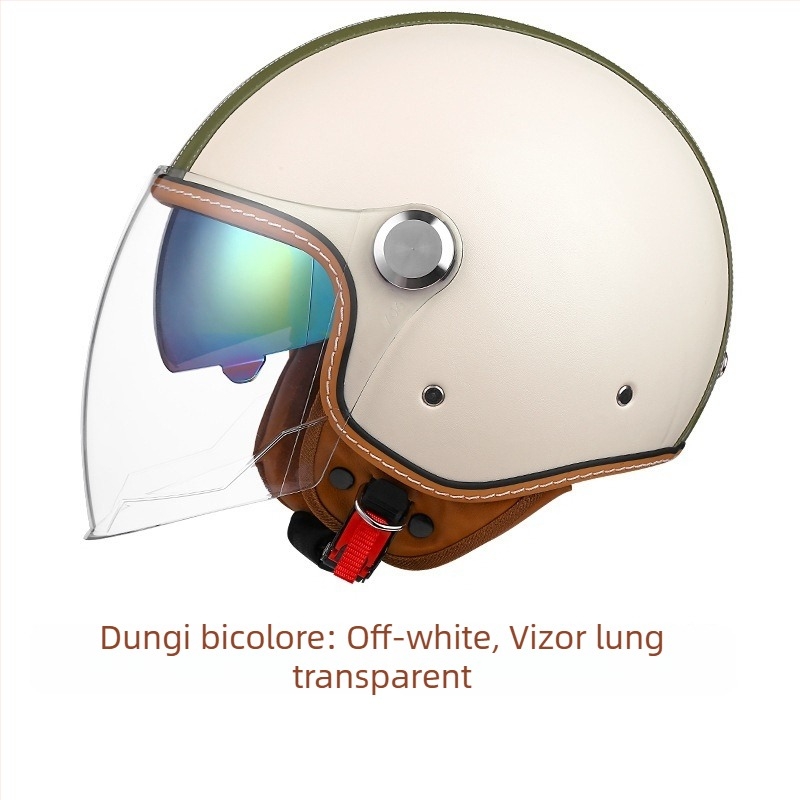 Cască moto retro din piele, certificat 3C, Bluetooth, unisex, semicască cu vizor dublu, ABS