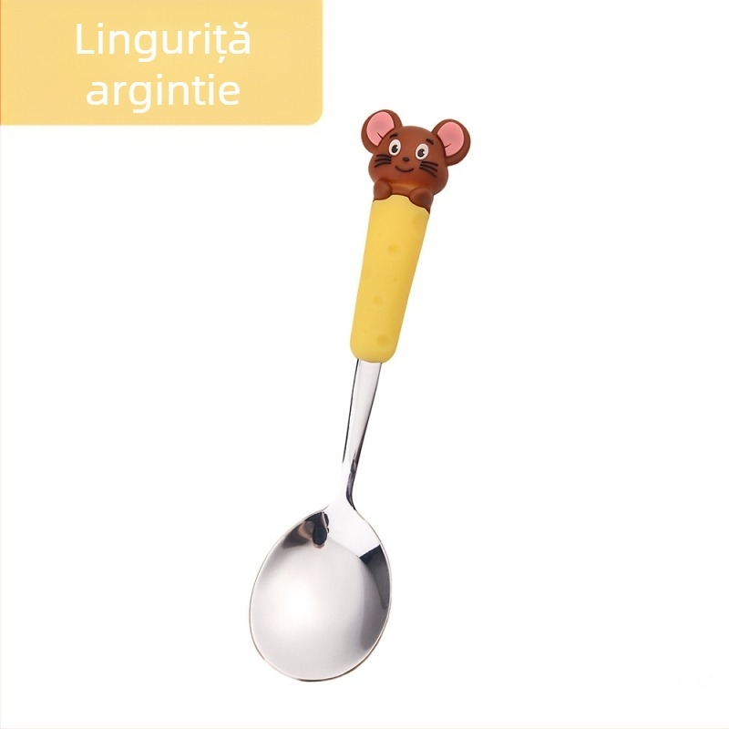 Set de tacâmuri pentru copii din oțel inoxidabil, cu motiv de șoricel și fructe — lingură de supă și lingură de mâncare, set cadou