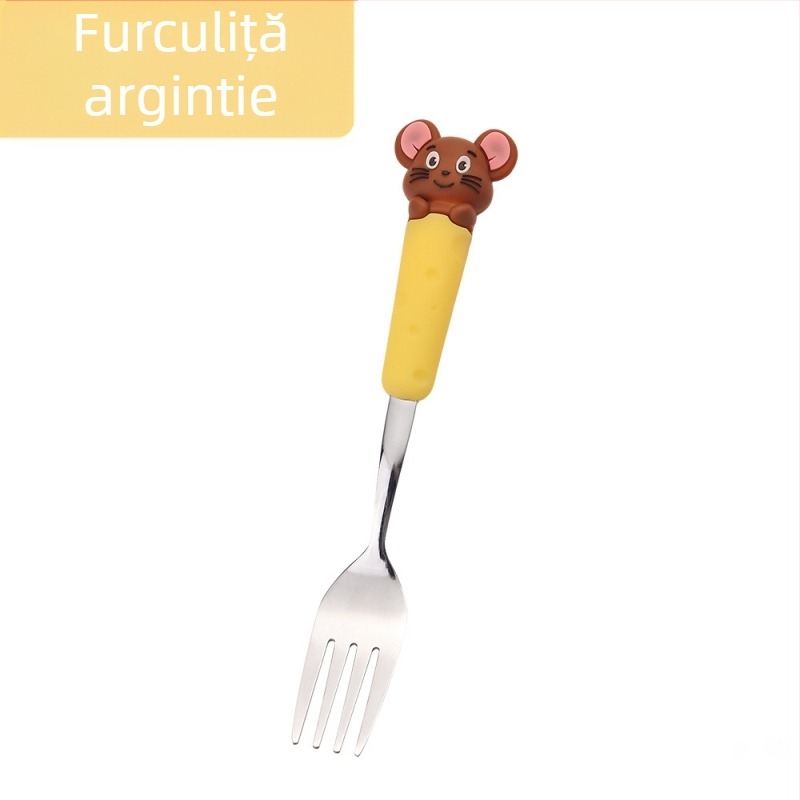 Set de tacâmuri pentru copii din oțel inoxidabil, cu motiv de șoricel și fructe — lingură de supă și lingură de mâncare, set cadou