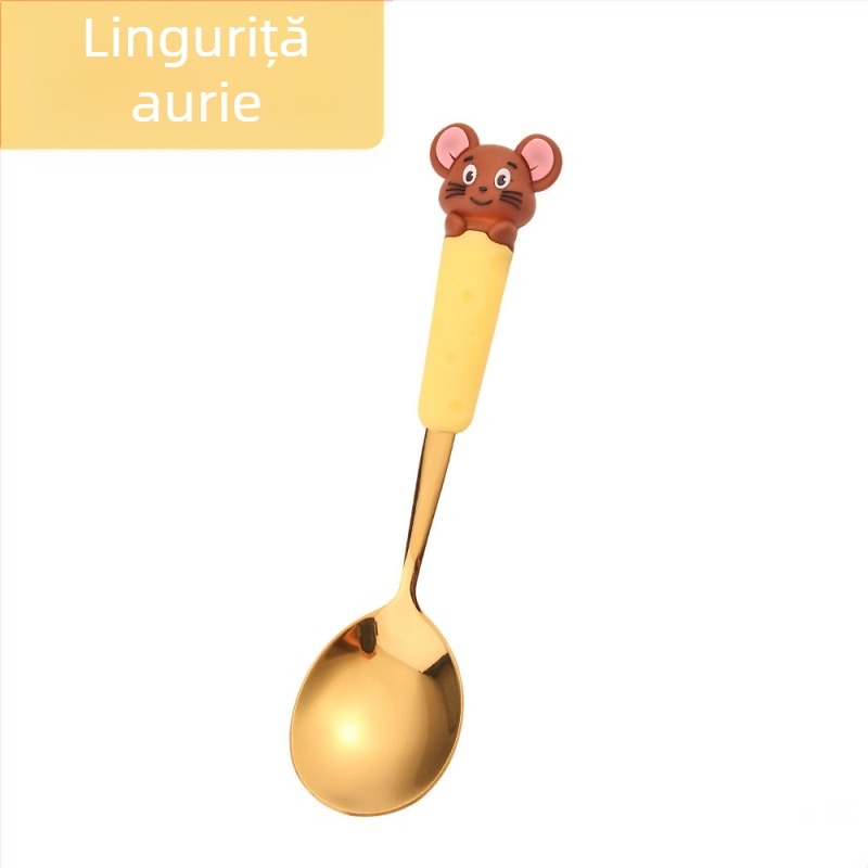 Set de tacâmuri pentru copii din oțel inoxidabil, cu motiv de șoricel și fructe — lingură de supă și lingură de mâncare, set cadou