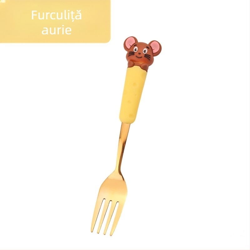 Set de tacâmuri pentru copii din oțel inoxidabil, cu motiv de șoricel și fructe — lingură de supă și lingură de mâncare, set cadou