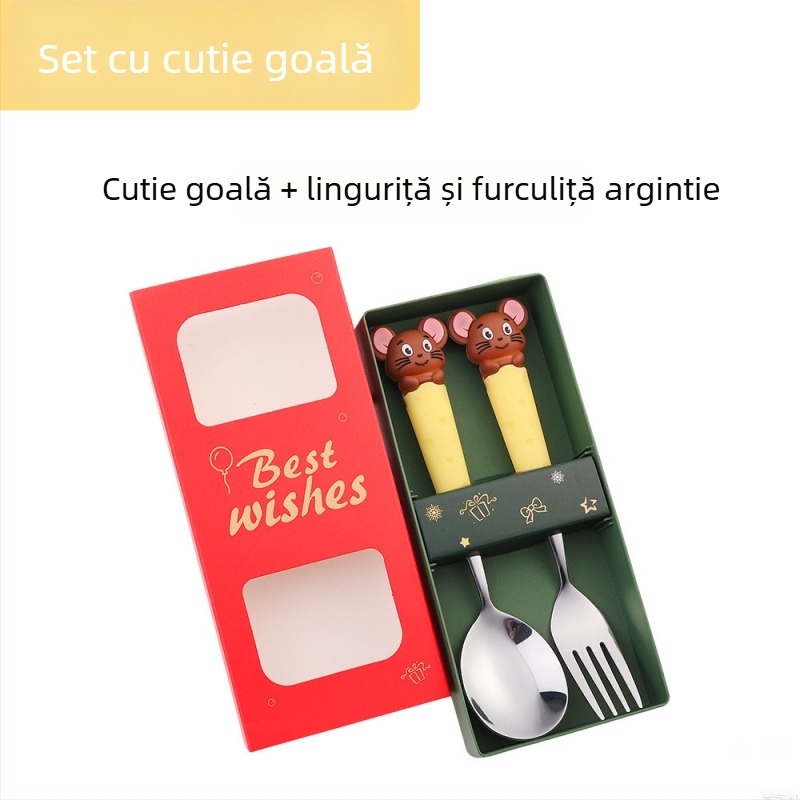 Set de tacâmuri pentru copii din oțel inoxidabil, cu motiv de șoricel și fructe — lingură de supă și lingură de mâncare, set cadou