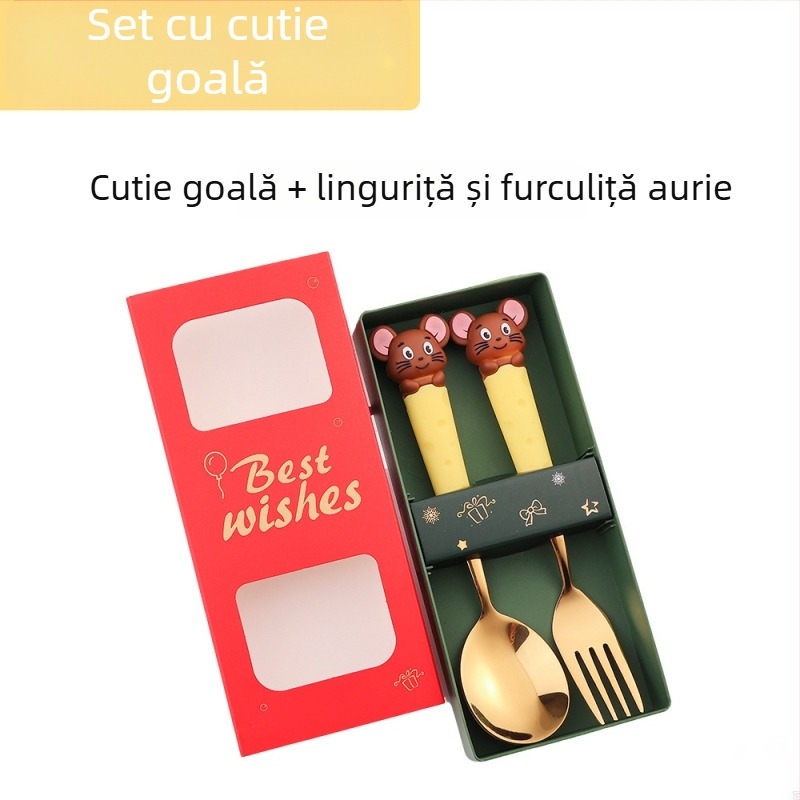 Set de tacâmuri pentru copii din oțel inoxidabil, cu motiv de șoricel și fructe — lingură de supă și lingură de mâncare, set cadou