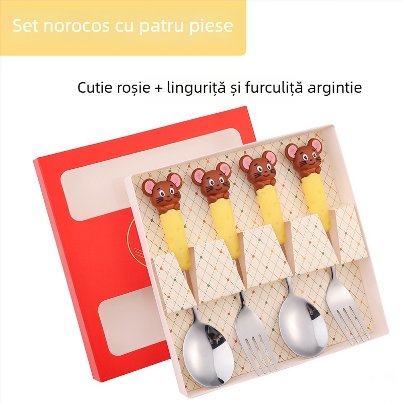 Set de tacâmuri pentru copii din oțel inoxidabil, cu motiv de șoricel și fructe — lingură de supă și lingură de mâncare, set cadou