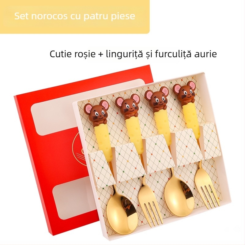 Set de tacâmuri pentru copii din oțel inoxidabil, cu motiv de șoricel și fructe — lingură de supă și lingură de mâncare, set cadou