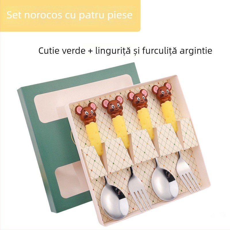 Set de tacâmuri pentru copii din oțel inoxidabil, cu motiv de șoricel și fructe — lingură de supă și lingură de mâncare, set cadou
