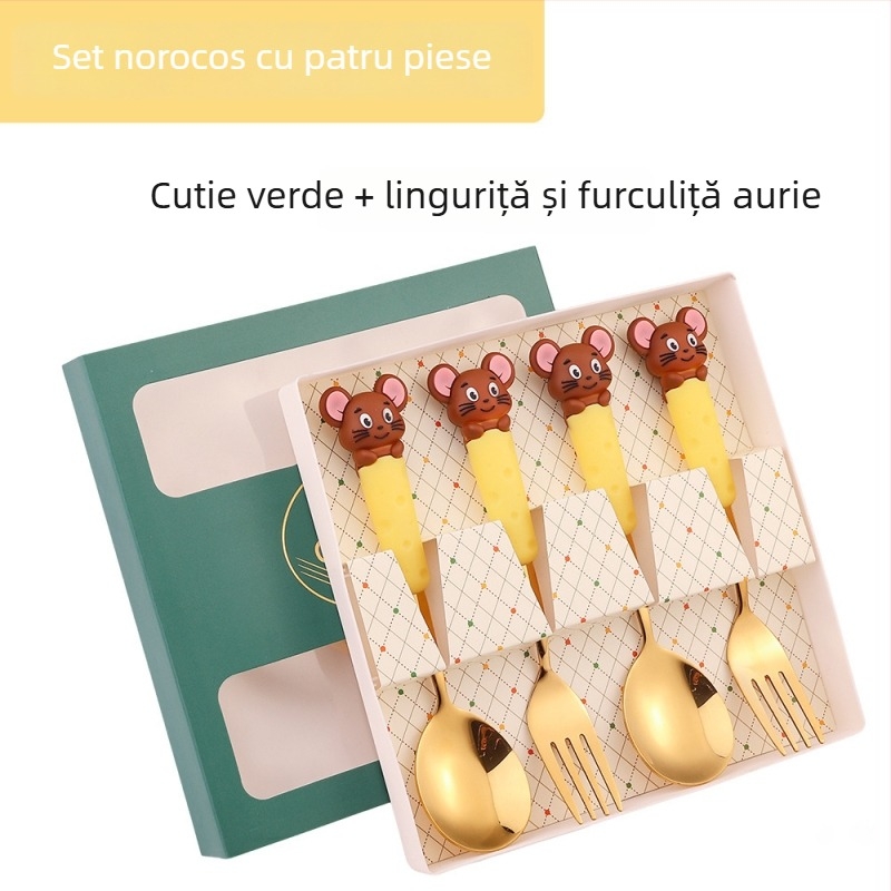 Set de tacâmuri pentru copii din oțel inoxidabil, cu motiv de șoricel și fructe — lingură de supă și lingură de mâncare, set cadou