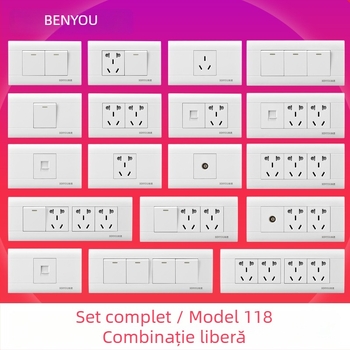 Panou întrerupător încastrat modular, cu 1–4 poziții și prize pentru uz casnic, tip 118