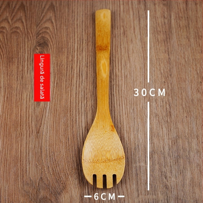 Set de ustensile de bucătărie din bambus, 8 piese: spatule antiaderente, lingură de supă, spatulă pentru prăjit și mâner lung