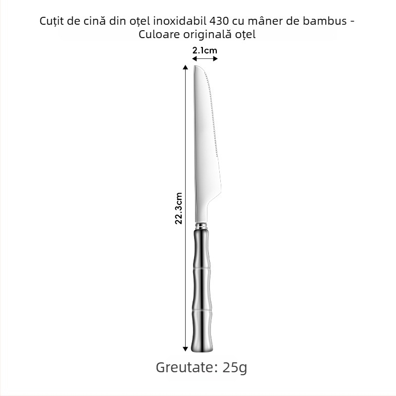 Set tacâmuri din oțel inoxidabil 304 cu mâner ceramic – cuțit, furculiță și lingură (5 piese: cuțit de masă, furculiță de masă, lingură rotundă, linguriță, lingură cu vârf)