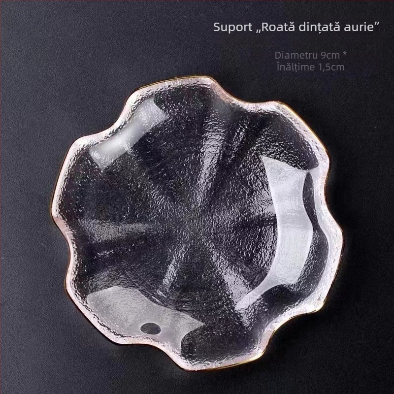 Suport transparent din sticlă cu textura ciocănită pentru setul de ceai Kung Fu, ceașcă mică, farfurioară de ceai și covoraș izolant pentru ceremonia ceaiului, stil Zen Chinezesc