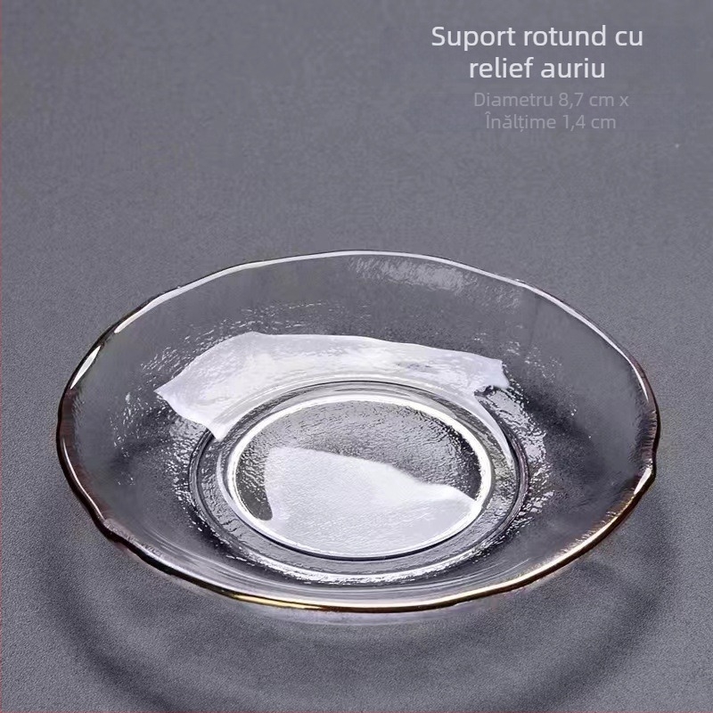 Suport transparent din sticlă cu textura ciocănită pentru setul de ceai Kung Fu, ceașcă mică, farfurioară de ceai și covoraș izolant pentru ceremonia ceaiului, stil Zen Chinezesc