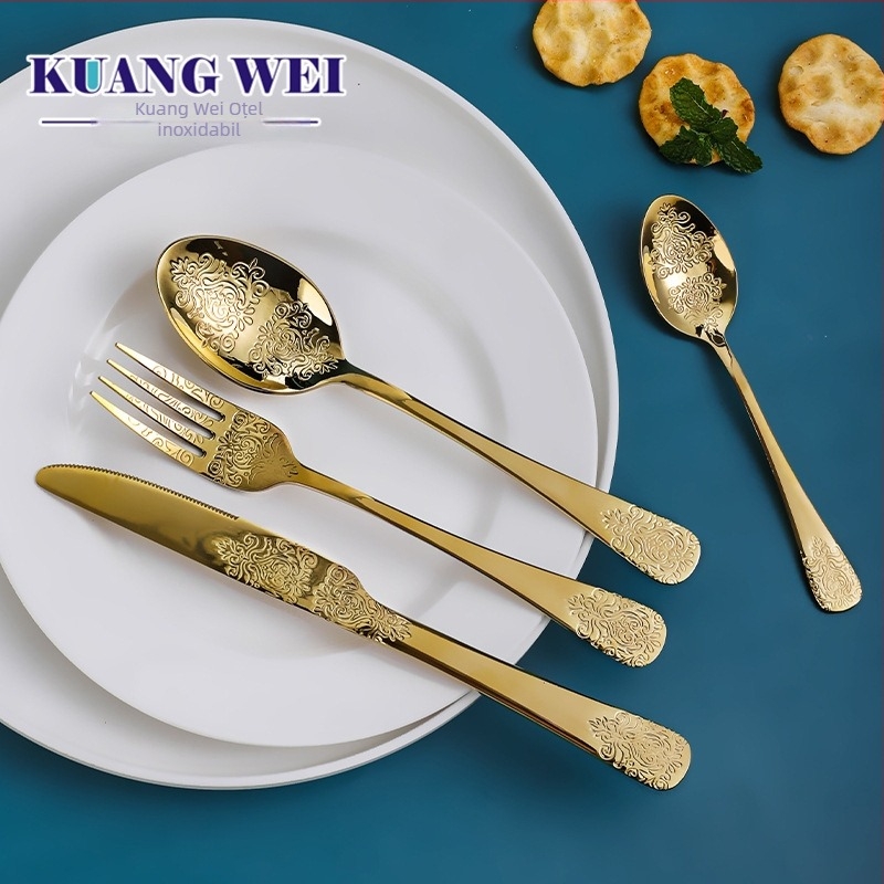 Kuangwei tacâmuri din oțel inoxidabil auriu, stil occidental, set de patru piese: cuțit pentru friptură, furculiță, lingură și linguriță, model floral, stil retro-lux