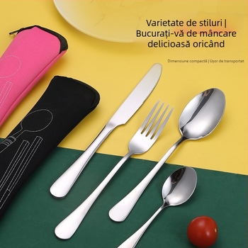 Set de tacâmuri din oțel inoxidabil, șapte piese, pentru camping în aer liber: cuțit, furculiță, lingură, bețișoare și pai
