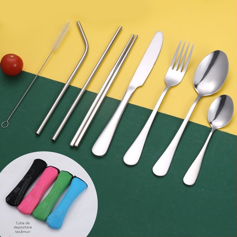 Set de tacâmuri din oțel inoxidabil, șapte piese, pentru camping în aer liber: cuțit, furculiță, lingură, bețișoare și pai