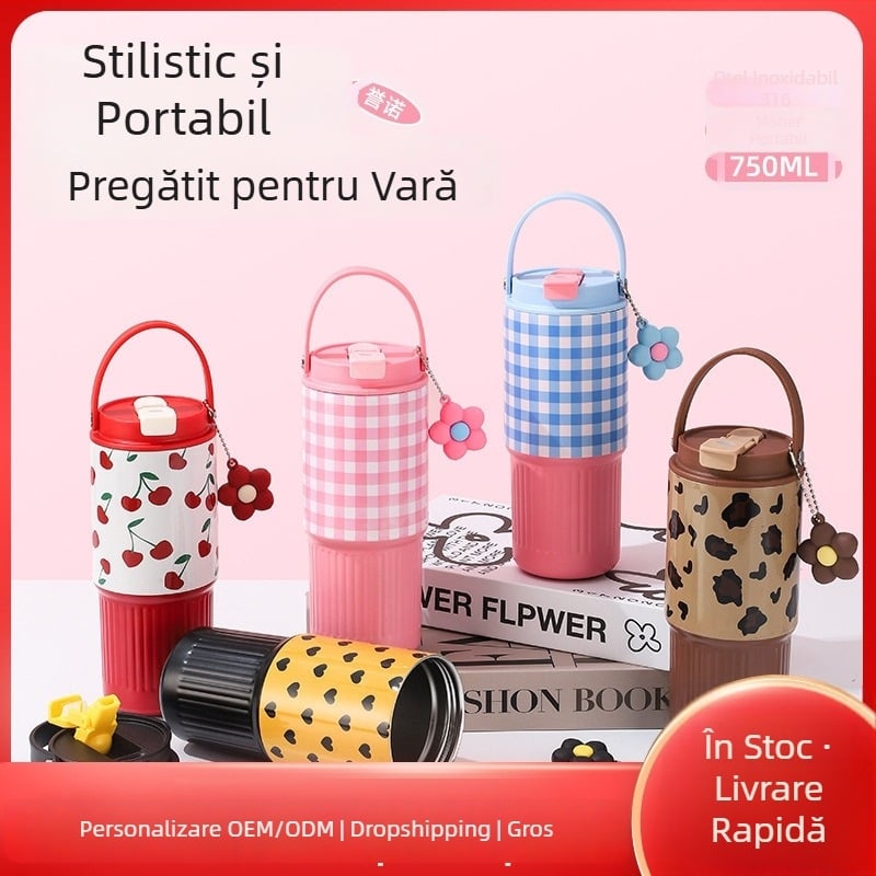 Cană izolată din oțel inoxidabil 316, cu mâner, capacitate mare, pentru mașină, cu pai dublu