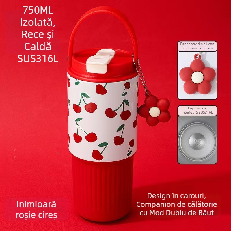Cană izolată din oțel inoxidabil 316, cu mâner, capacitate mare, pentru mașină, cu pai dublu