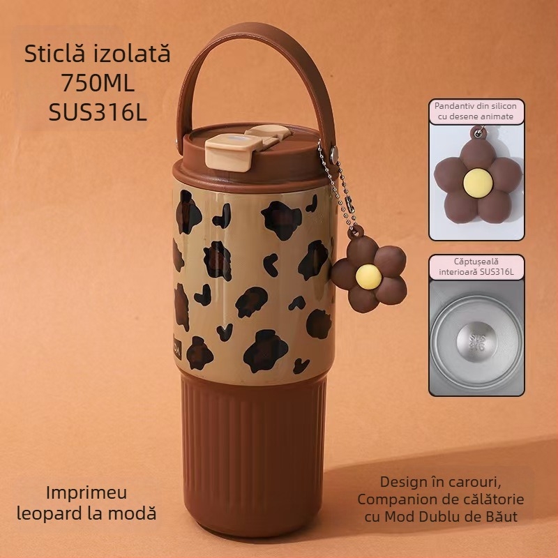 Cană izolată din oțel inoxidabil 316, cu mâner, capacitate mare, pentru mașină, cu pai dublu