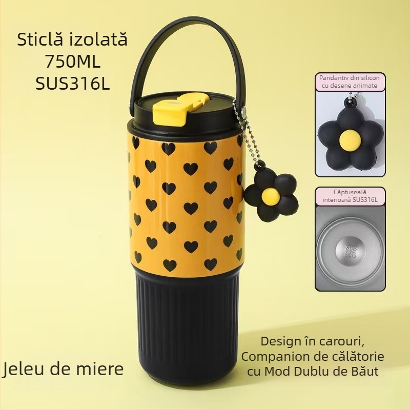 Cană izolată din oțel inoxidabil 316, cu mâner, capacitate mare, pentru mașină, cu pai dublu