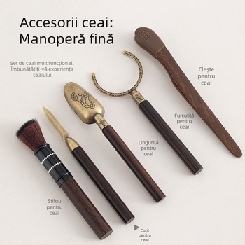 Set accesorii ceremonie ceai, colecție completă de unelte pentru prepararea ceaiului, strecurător de ceai, perie, clește de ceai și foarfece.