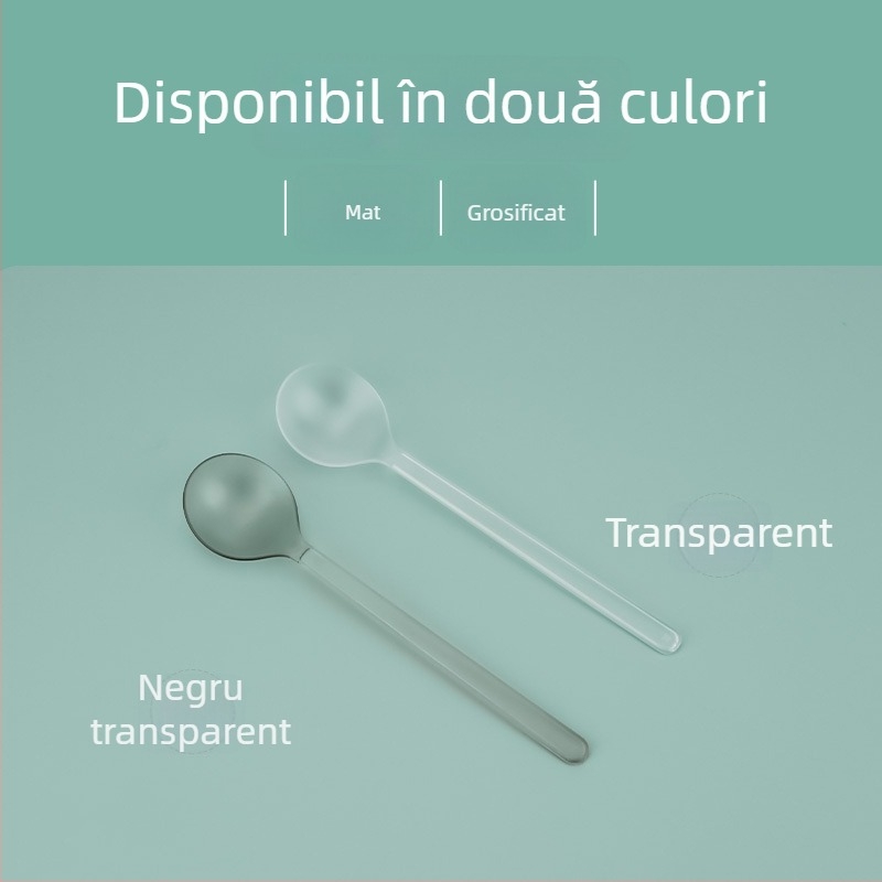 Lingură de unică folosință din plastic, cu suprafață mată și îngroșată, mâner lung și cap rotund, ambalată individual
