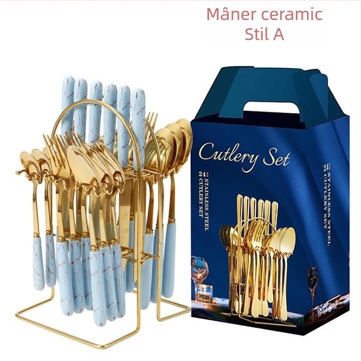 Set de tacâmuri din oțel inoxidabil, cu mânere din ceramică, model marmorat, stil nordic minimalist; include cuțite, linguri, furculițe și lingurițe, cu raft