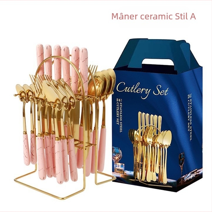 Set de tacâmuri din oțel inoxidabil, cu mânere din ceramică, model marmorat, stil nordic minimalist; include cuțite, linguri, furculițe și lingurițe, cu raft