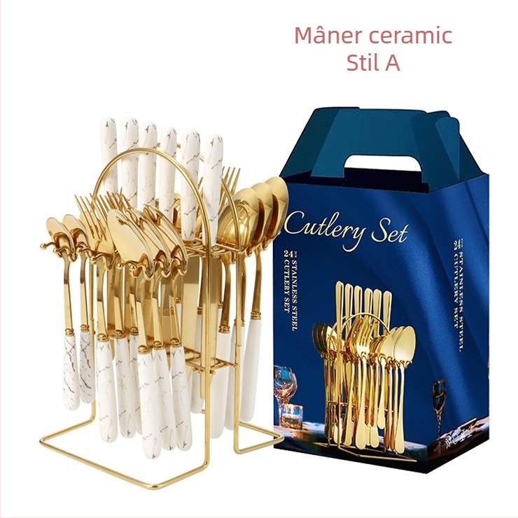 Set de tacâmuri din oțel inoxidabil, cu mânere din ceramică, model marmorat, stil nordic minimalist; include cuțite, linguri, furculițe și lingurițe, cu raft