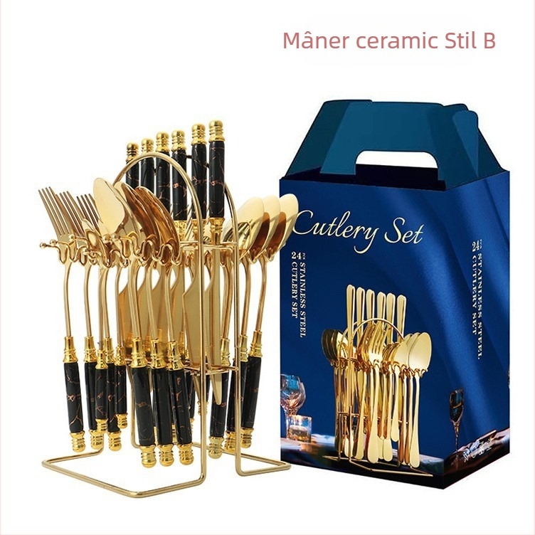 Set de tacâmuri din oțel inoxidabil, cu mânere din ceramică, model marmorat, stil nordic minimalist; include cuțite, linguri, furculițe și lingurițe, cu raft