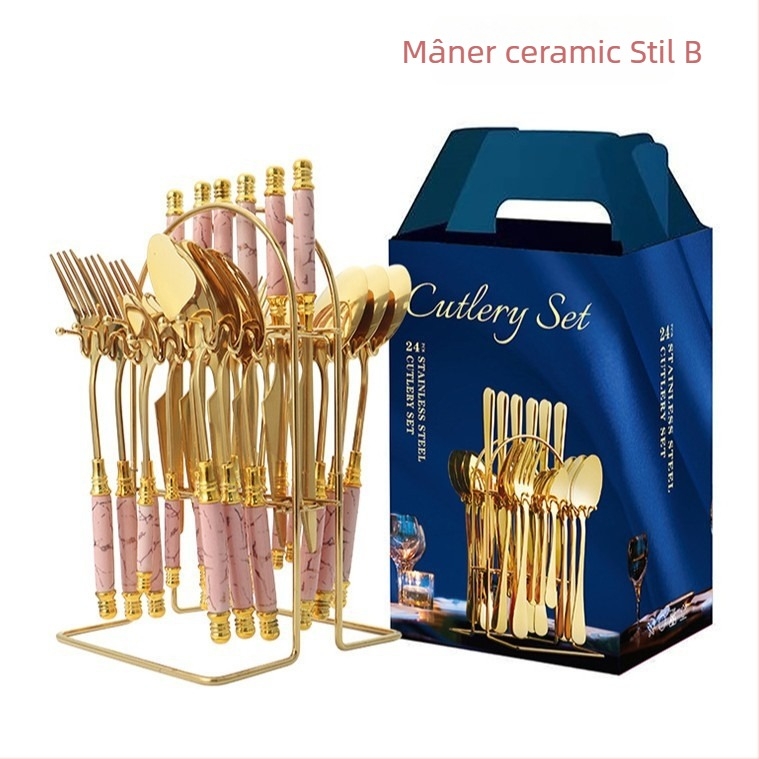 Set de tacâmuri din oțel inoxidabil, cu mânere din ceramică, model marmorat, stil nordic minimalist; include cuțite, linguri, furculițe și lingurițe, cu raft