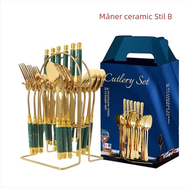 Set de tacâmuri din oțel inoxidabil, cu mânere din ceramică, model marmorat, stil nordic minimalist; include cuțite, linguri, furculițe și lingurițe, cu raft
