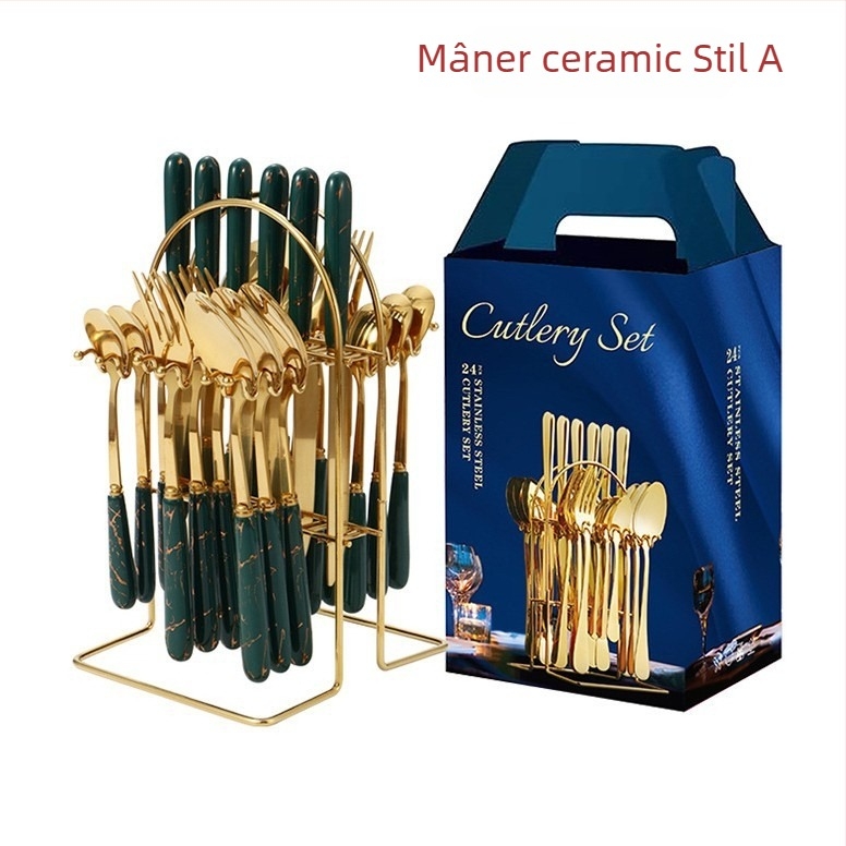 Set de tacâmuri din oțel inoxidabil, cu mânere din ceramică, model marmorat, stil nordic minimalist; include cuțite, linguri, furculițe și lingurițe, cu raft