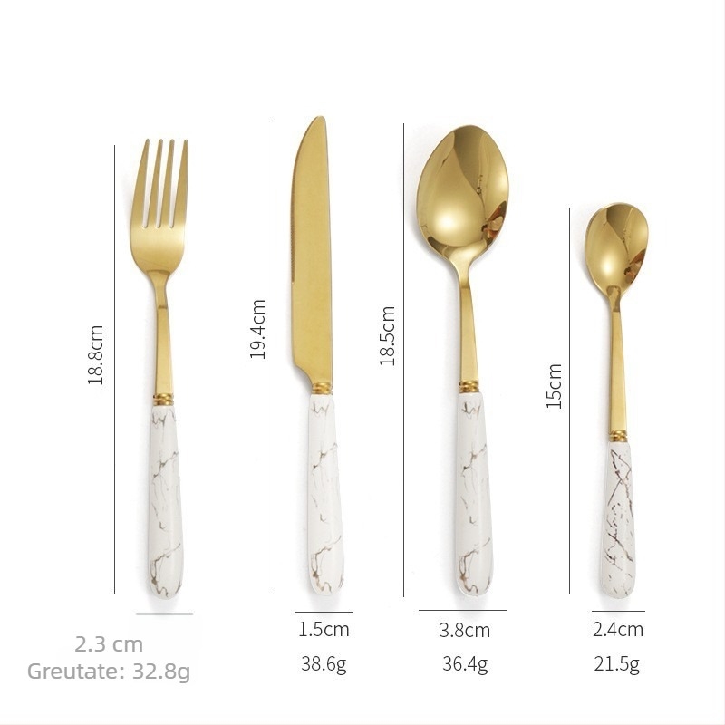 Set de tacâmuri din oțel inoxidabil, cu mânere din ceramică, model marmorat, stil nordic minimalist; include cuțite, linguri, furculițe și lingurițe, cu raft