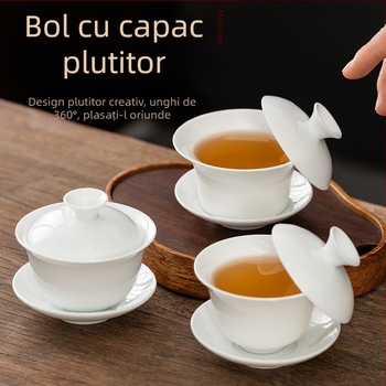 Bol cu capac din porțelan alb Dehua, glazură sancai, pentru ceremonia de ceai Kung Fu