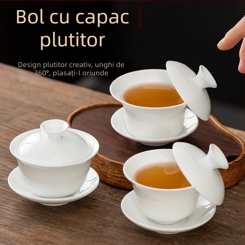 Bol cu capac din porțelan alb Dehua, glazură sancai, pentru ceremonia de ceai Kung Fu