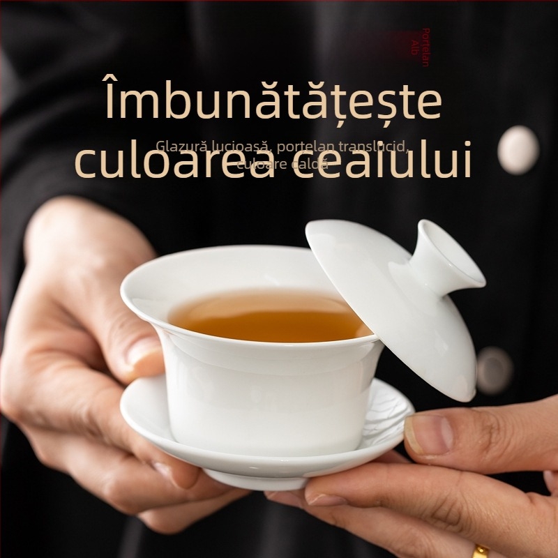 Bol cu capac din porțelan alb Dehua, glazură sancai, pentru ceremonia de ceai Kung Fu