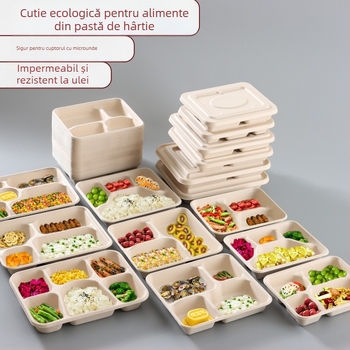 Cutie de prânz de unică folosință, cu patru compartimente, din pulpă de hârtie, ambalaj take-out ecologic, de înaltă calitate