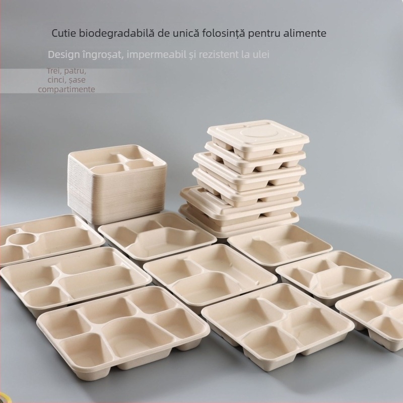 Cutie de prânz de unică folosință, cu patru compartimente, din pulpă de hârtie, ambalaj take-out ecologic, de înaltă calitate