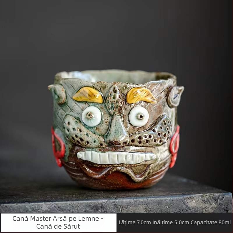 Ceșcuță ceramică pentru ceai, arsă la cuptor cu lemn, cu design de mugur de floare realizat manual, ceașcă unică pentru degustare de ceai