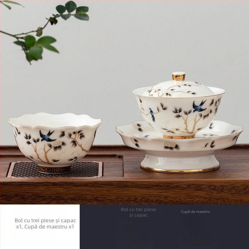 Set de ceai din porțelan alb, aspect jade, cu boluri cu capac din trei piese, ceramică premium Gongfu pentru ceai, set cadou de afaceri personalizabil
