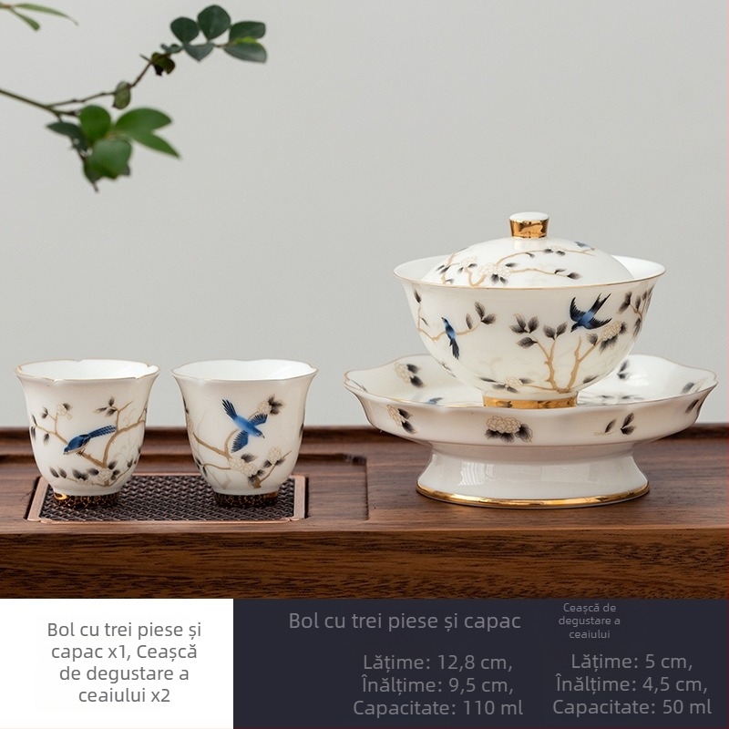Set de ceai din porțelan alb, aspect jade, cu boluri cu capac din trei piese, ceramică premium Gongfu pentru ceai, set cadou de afaceri personalizabil