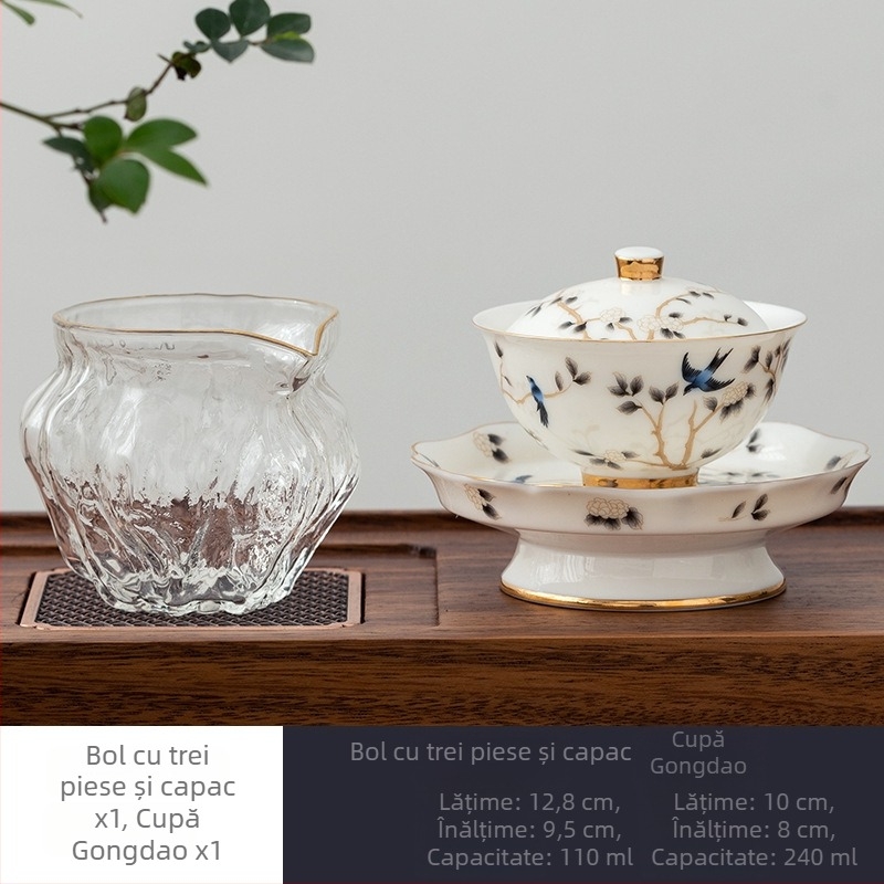 Set de ceai din porțelan alb, aspect jade, cu boluri cu capac din trei piese, ceramică premium Gongfu pentru ceai, set cadou de afaceri personalizabil