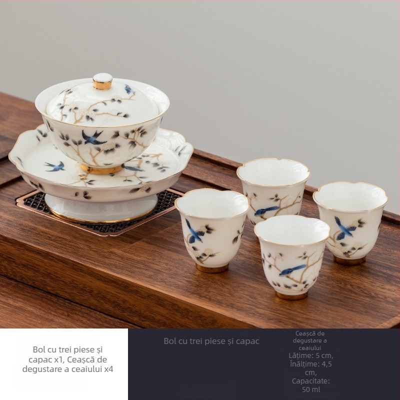 Set de ceai din porțelan alb, aspect jade, cu boluri cu capac din trei piese, ceramică premium Gongfu pentru ceai, set cadou de afaceri personalizabil