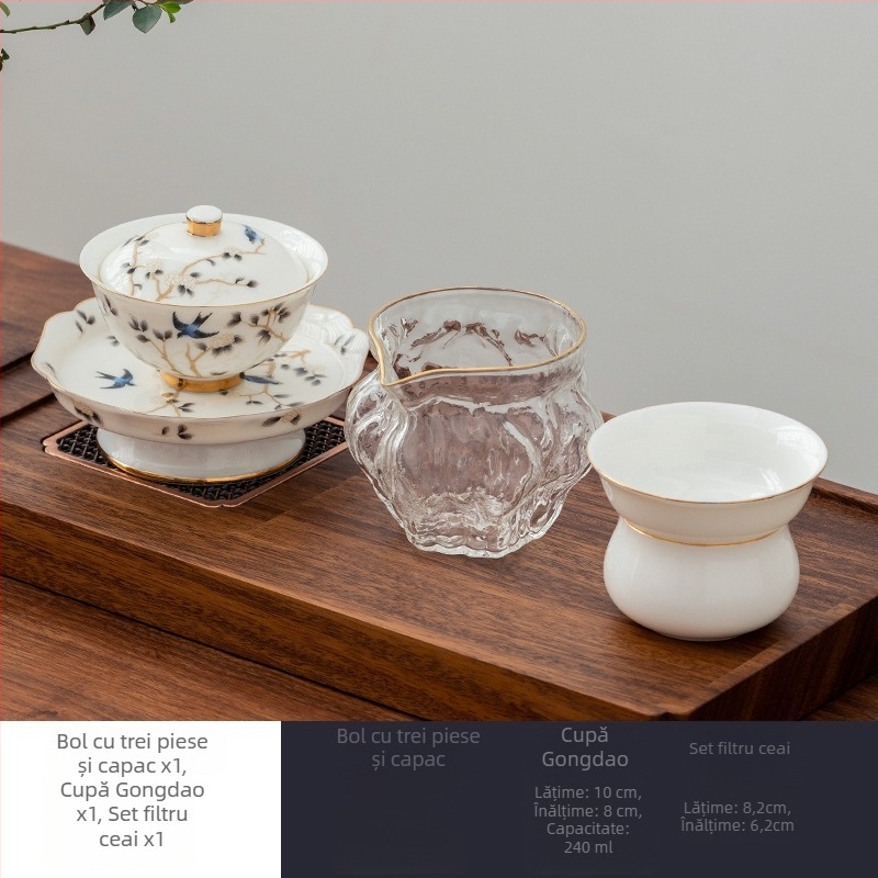 Set de ceai din porțelan alb, aspect jade, cu boluri cu capac din trei piese, ceramică premium Gongfu pentru ceai, set cadou de afaceri personalizabil