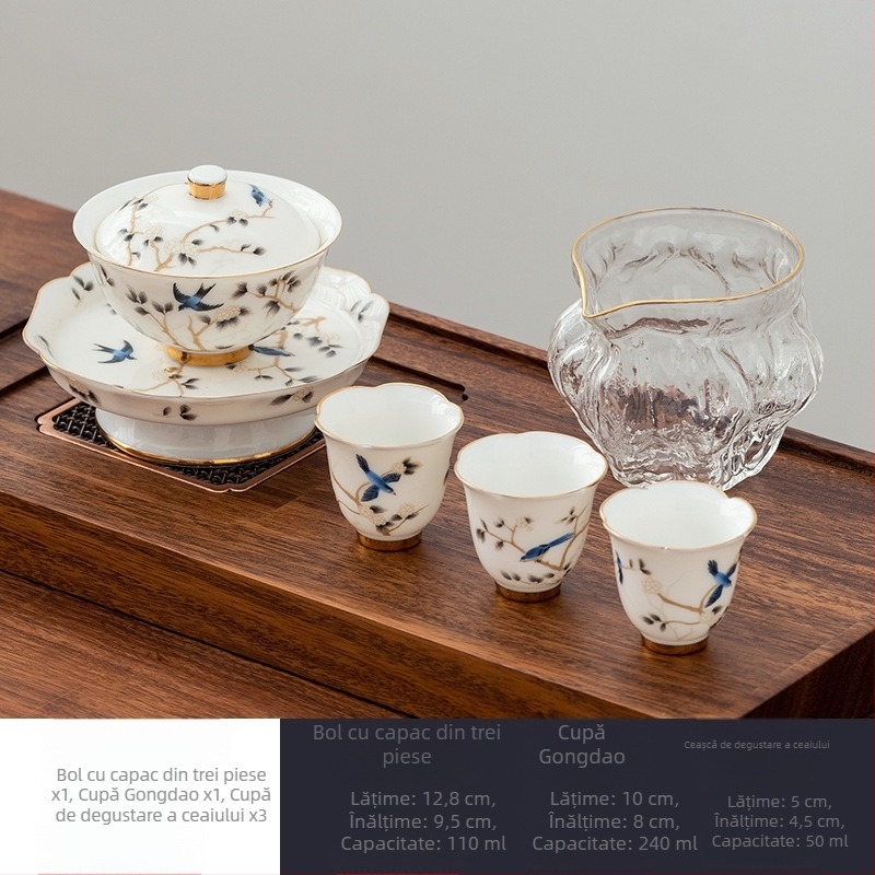 Set de ceai din porțelan alb, aspect jade, cu boluri cu capac din trei piese, ceramică premium Gongfu pentru ceai, set cadou de afaceri personalizabil