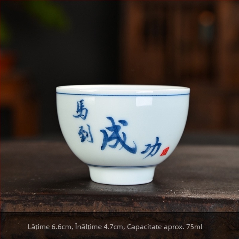 Ceșuță ceramică mică pentru ceai, cu font scris de mână, ceașcă de degustare a ceaiului, set casnic Kung Fu, o singură ceașcă, design albastru-închis și alb antic
