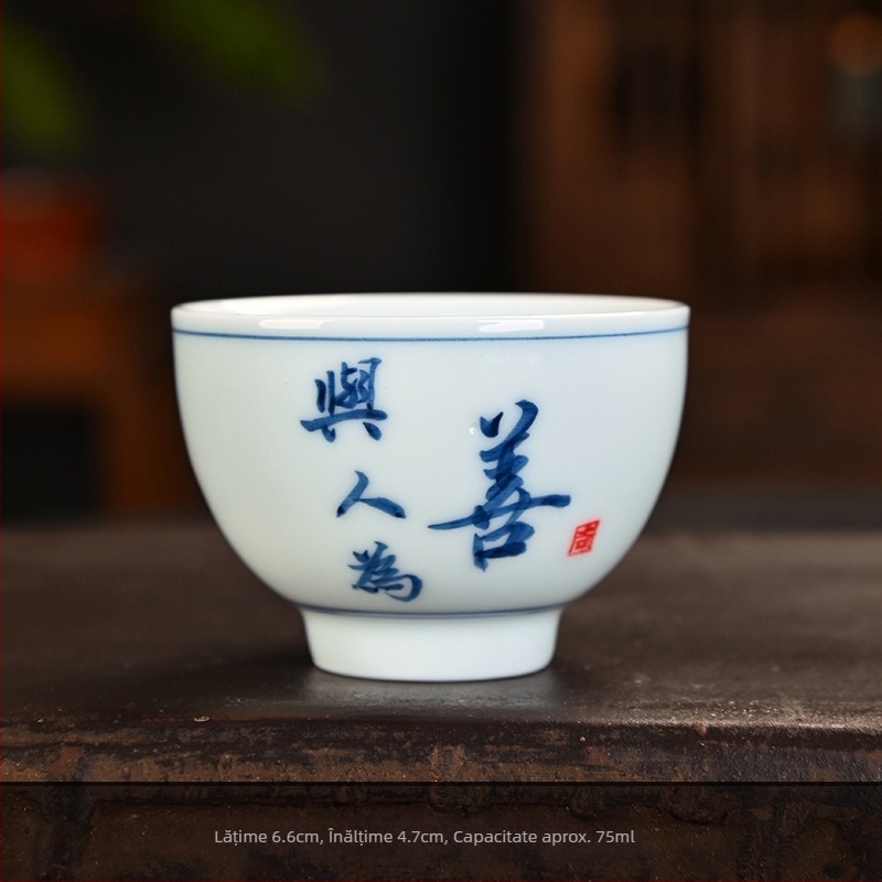 Ceșuță ceramică mică pentru ceai, cu font scris de mână, ceașcă de degustare a ceaiului, set casnic Kung Fu, o singură ceașcă, design albastru-închis și alb antic
