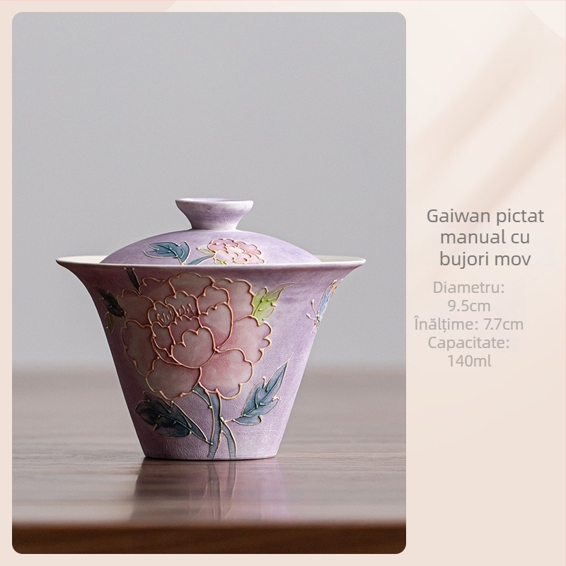 Gaiwan nou, pictură manuală mov fumuriu, ceașă de ceai ceramică cu capac, set de ceai, cadou pentru cel mai bun prieten