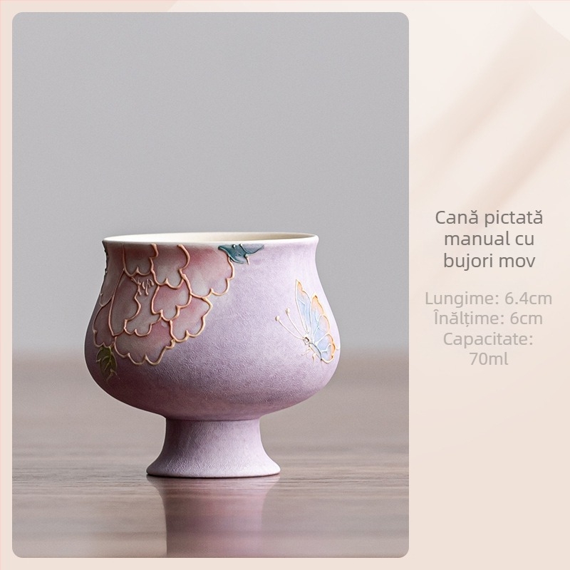 Gaiwan nou, pictură manuală mov fumuriu, ceașă de ceai ceramică cu capac, set de ceai, cadou pentru cel mai bun prieten